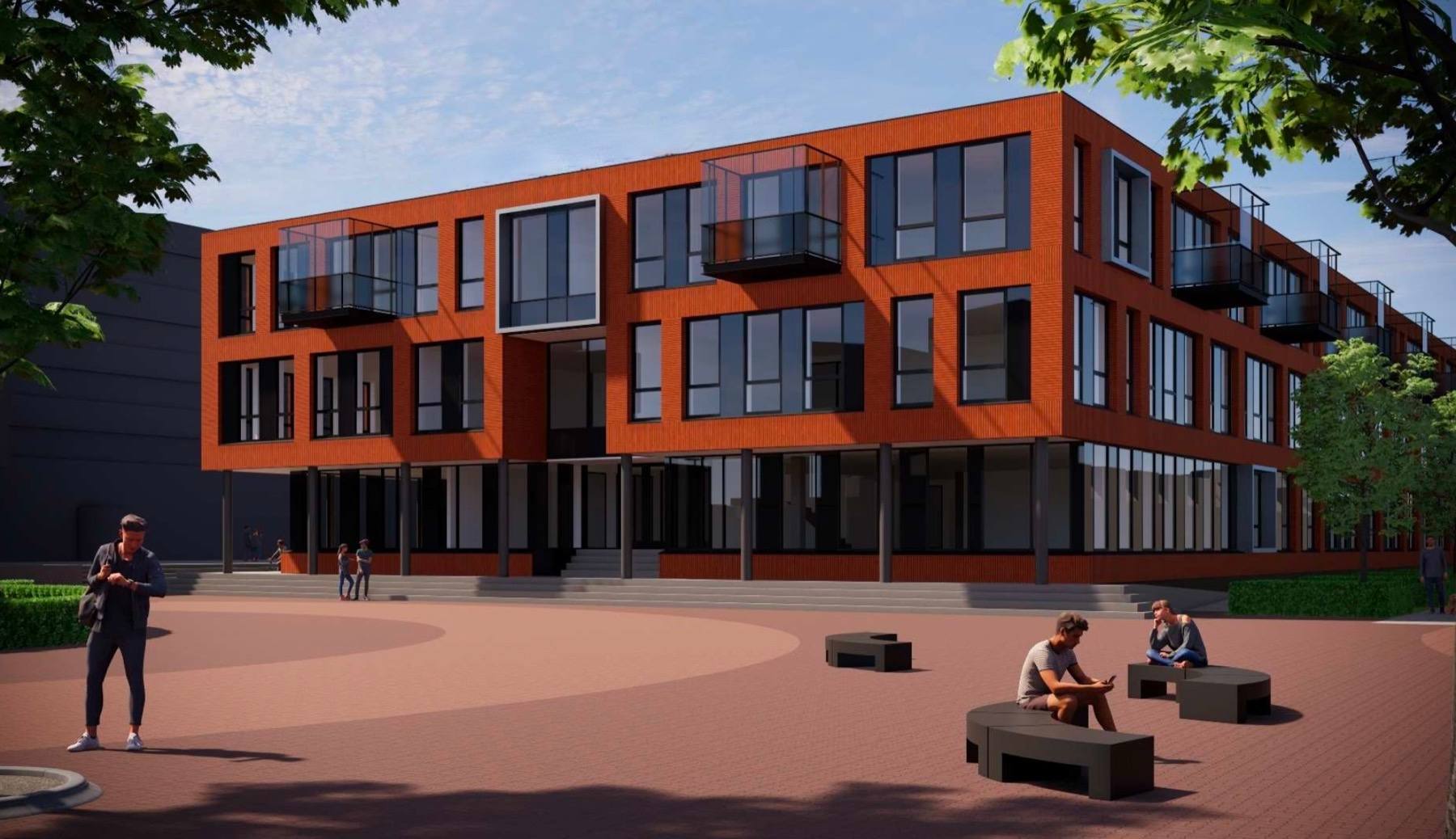 Architect's visualisation of the Stationsplein-West 40 school building in Almelo, seen from the forecourt.