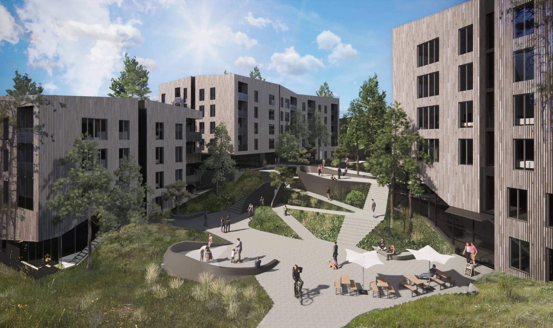 A visualisation of the Kelowna student housing scheme: timber-clad blocks of four and five storeys around a landscaped courtyard with paths, terraces and pines.