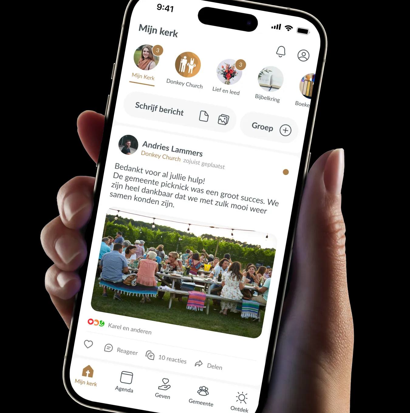 The Donkey Mobile app on a phone, showing a church community message with a photograph of a shared meal.