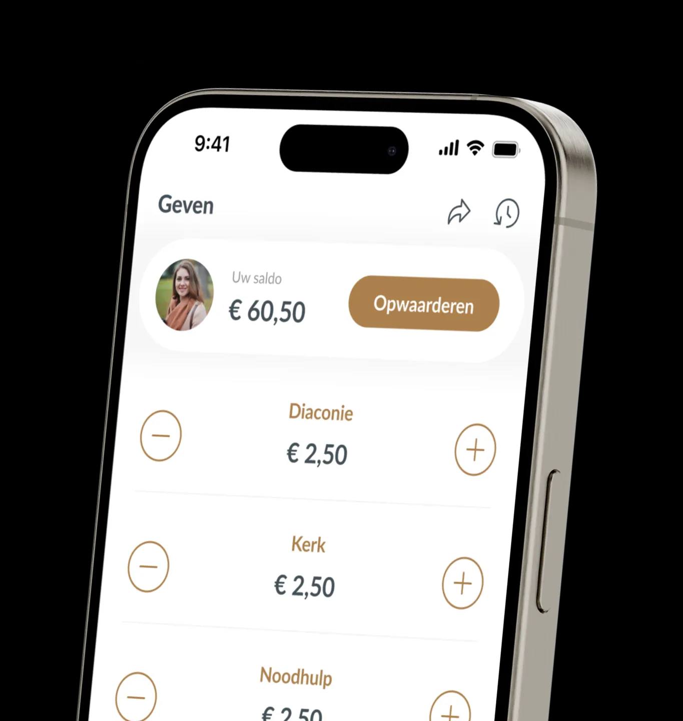 The Donkey Mobile app's giving screen, with amounts for the diaconate, the church and emergency aid.